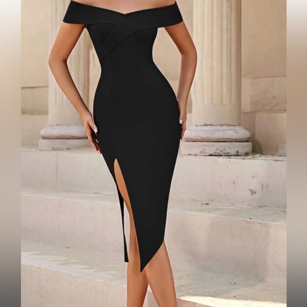 Shein: Black off the shoulder dress with a split thigh cut Size: Medium